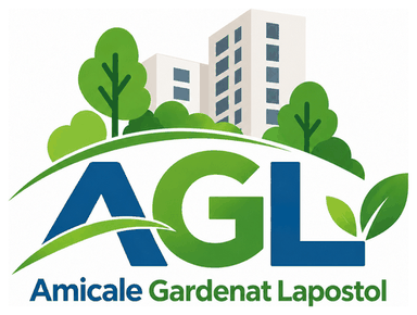 Logo de l'AGL : un immeuble et des arbres au-dessus des lettres AGL